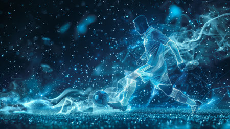 Futuristic digital illustration of a soccer player in action, ideal for streaming tv sports channelsの素材