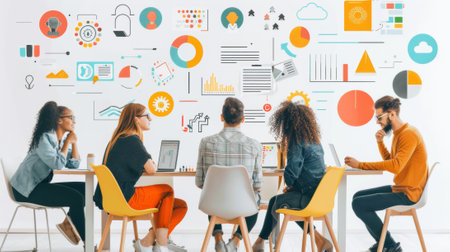 Collaborative team analyzes data with colorful infographics in a bright office settingの素材