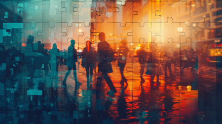 Cityscape and puzzle pieces in double exposure, representing teamwork and connectionの素材