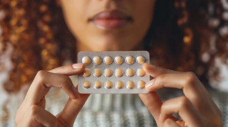 Confident woman showcasing her contraceptive pill pack, representing reproductive independenceの素材