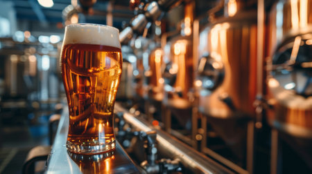 Amber beer pint with a foamy top in a craft brewery ambianceの素材