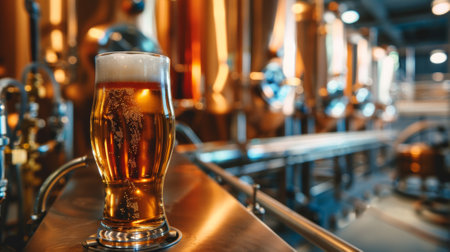 Close-up of a full pint glass in a vibrant craft beer brewery settingの素材