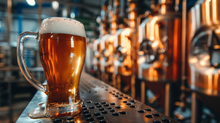 Full beer mug with frothy head in a brewery with steel tanks in the backgroundの素材