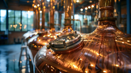 Beautiful light reflections on polished copper brewing equipment in close-up viewの素材