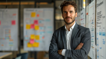 Confident male consultant with arms folded at strategy board during a business workshopの素材