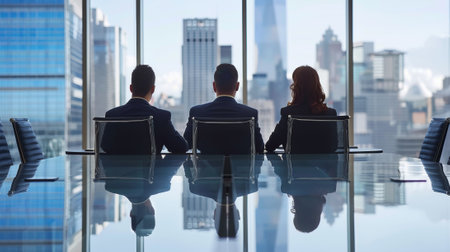 Three executives in a meeting room with a sweeping city view in the backgroundの素材