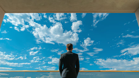 Businessman admiring the vast sky from a contemporary balconyの素材