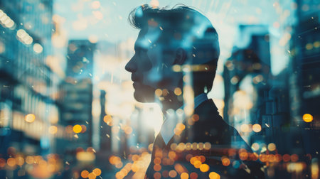 Double exposure portrait of a man with vibrant cityscape at twilightの素材