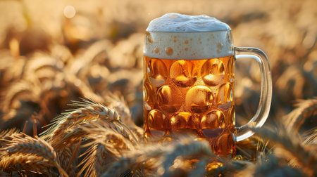 Frothy beer mug set in a ripe golden barley field under the warm glow of a sunsetの素材