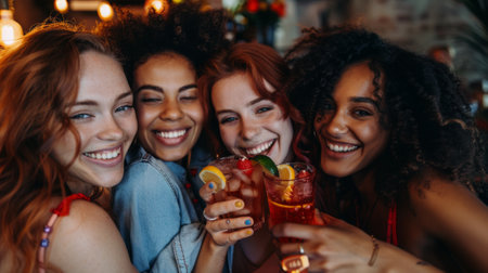 Group of happy women hugging and toasting with cocktails, exuding friendship and joyの素材