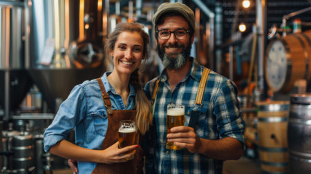 Happy man and woman posing with craft beers in a brewery, smiling for a portraitの素材