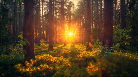 Sunlight piercing through the trees at sunset in a dense forestの素材