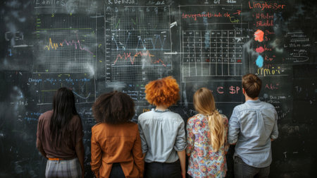 Business professionals carefully examining charts and plans on a chalkboard as a teamの素材