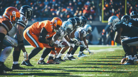 Focused and anticipating american football players in position for highstakes gameの素材