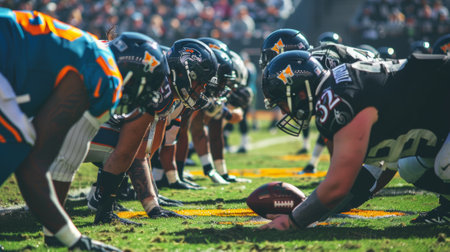 American football players in a tense lineup during a game, with focus on the scrimmage lineの素材