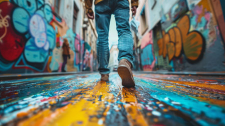 Low angle view of a painter walking in an alley adorned with vibrant graffiti and colorful groundの素材