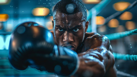Closeup of a focused male boxer throwing a punch during a workout in a boxing ring at the gymの素材