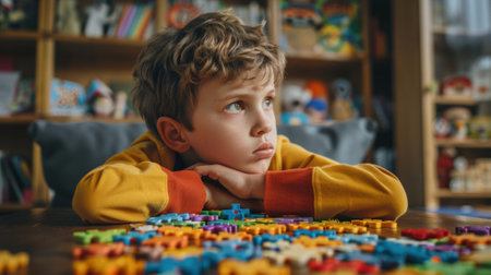 Young boy with a vibrant puzzle, potentially representing awareness for autismの素材