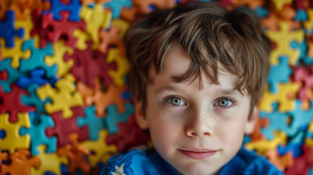 Young boy with bright eyes lies on a colorful autism awareness puzzle patternの素材