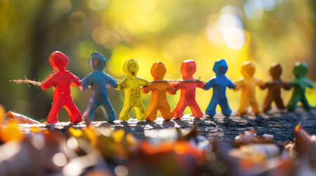 Vibrant image showcasing colorful figurines holding hands symbolizing community and autism awarenessの素材