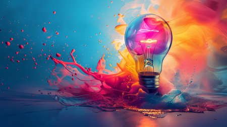Vibrant light bulb shines amidst a dynamic explosion of colorful paints, representing a burst of creativity and inspirationの素材