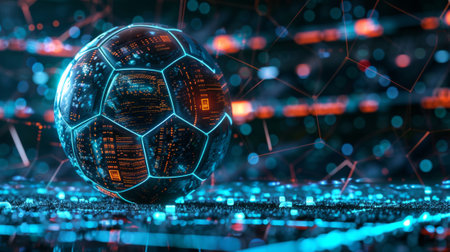 Neon cybernetic field with digital illustration of a soccer ball and circuit patternsの素材