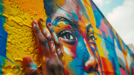 Closeup of a mural artists hand against a colorful street art portraitの素材