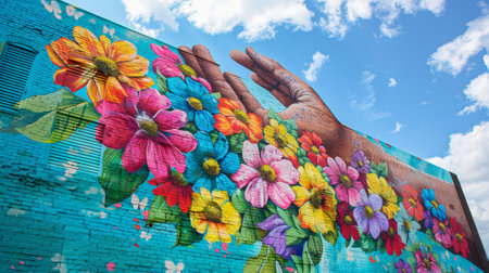 Artistic hand painting colorful flowers on a brick wall, showcasing street artの素材