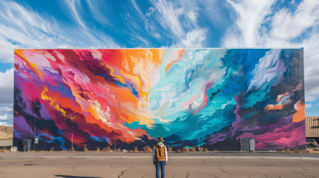 Mural artist gazes at a vibrant, largescale wall painting under a cloudy skyの素材