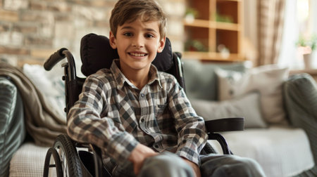 Young boy with a disability sitting in a wheelchair indoors, beaming with joy from a high angle viewの素材