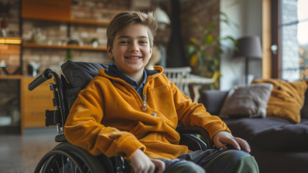 High angle view of a happy disabled boy in a wheelchair, smiling and looking positiveの素材