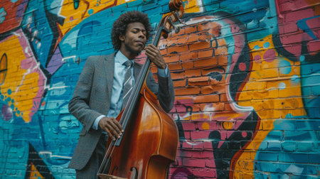 Stylish high school jazz band member plays the double bass with a colorful graffiti backdropの素材