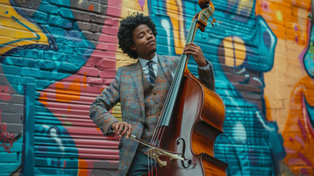 Enthusiastic teenage jazz band member playing double bass in front of vibrant graffiti backdropの素材