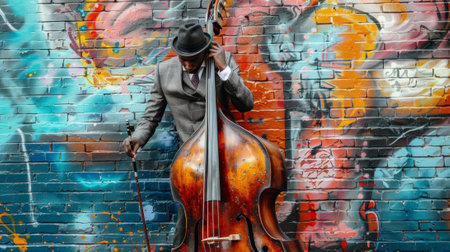 Stylish musician playing upright bass with a colorful graffiti backdropの素材