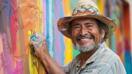 Cheerful hispanic middleaged man with a hat paints a vibrant mural, smiling at the cameraの素材