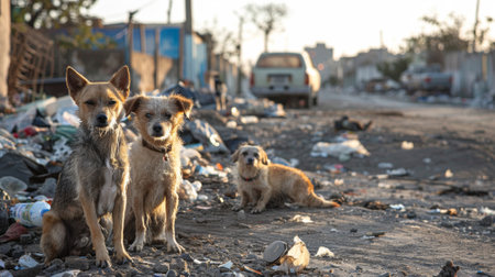 Stray dogs captured in poignant scene amidst overflowing landfill at sunsetの素材