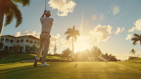 Man plays golf during a scenic sunset at a luxurious golf resort with palm treesの素材