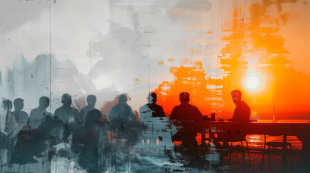 Team meeting against a stunning sunset backdrop, a creative collageの素材