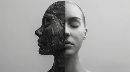 Conceptual image of a woman with half her face portrayed as cracked stone, symbolizing personality disordersの素材