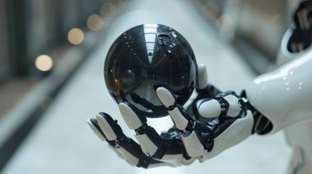 Closeup of futuristic robot hands gently holding a spherical artificial intelligence unitの素材