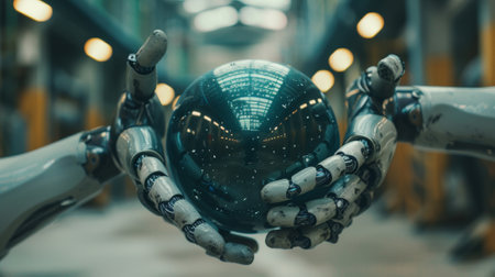 Two robotic hands gently hold a glowing artificial intelligence sphere in a hightech facilityの素材