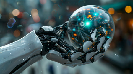 Hightech robot with articulated hands holding a glass sphere symbolizing artificial intelligenceの素材
