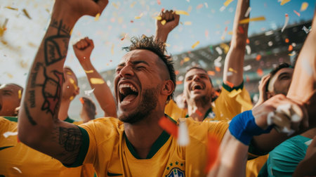 Euphoric soccer players in yellow jerseys celebrating a goal with confetti aroundの素材