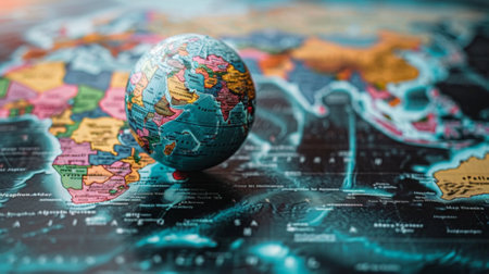 Closeup of a colorful globe on a world map with a dramatic cracked effectの素材