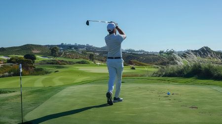 Golfer in midswing teeing off on a tranquil golf course with morning sunlightの素材