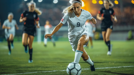 Female soccer player competing in a nighttime match in actionの素材