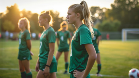 Female soccer players lined up on the field at dusk, ready for the gameの素材