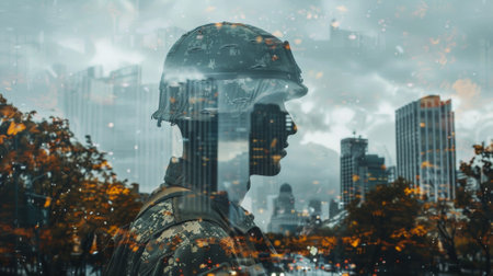 Double exposure image of a soldier with a contemplative gaze and cityscape backgroundの素材