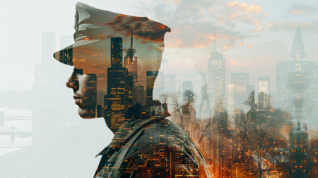 Artistic double exposure of a mans silhouette and a cityscape merging history with modernityの素材