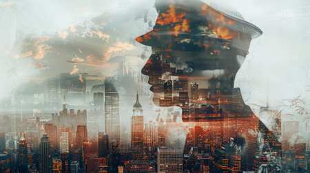 Double exposure art depicting a silhouette blended with a historic cityscapeの素材